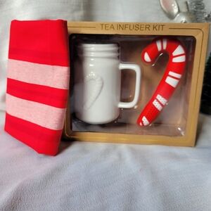 Mug and Candy Cane Tea Infuser Kit With Red Tea Towel